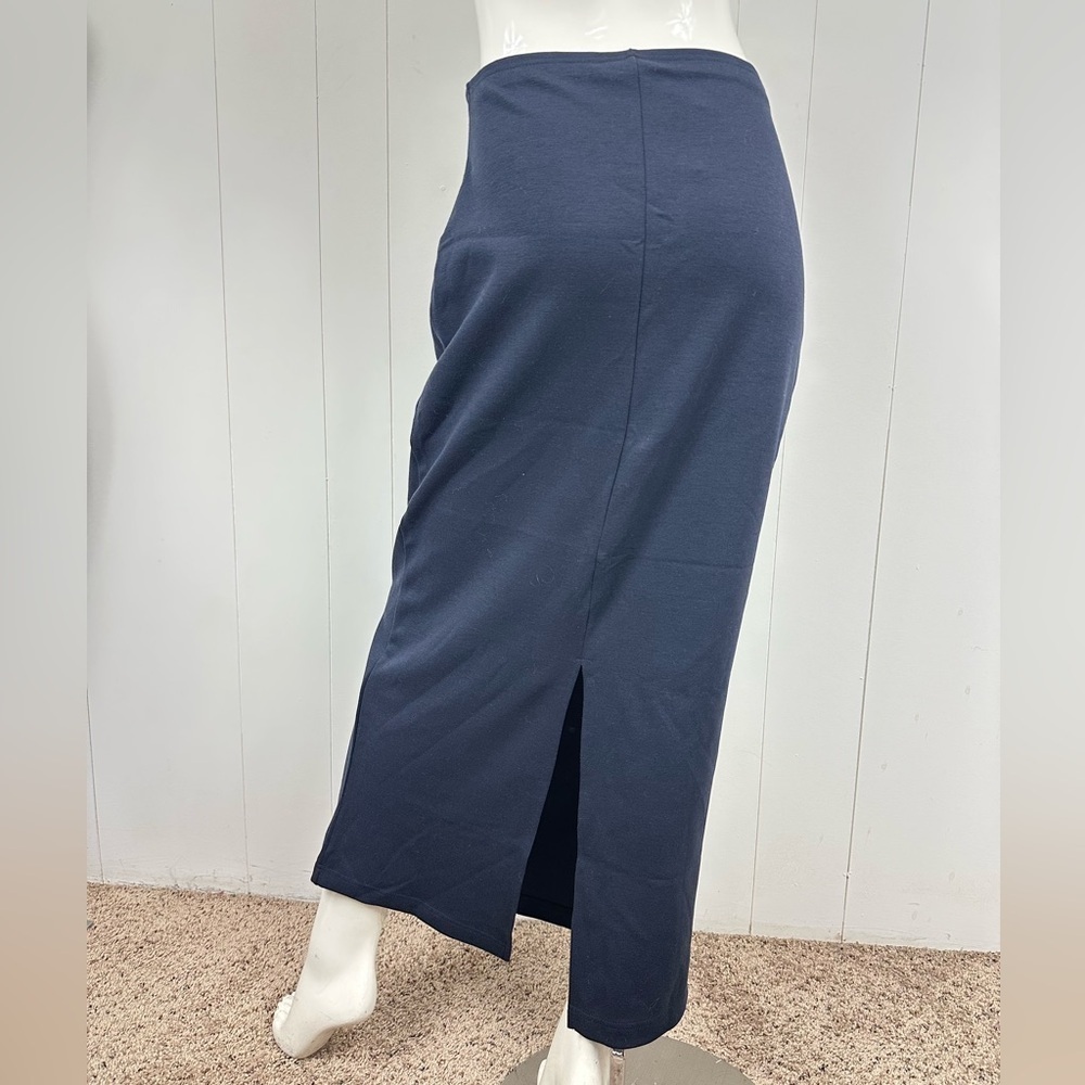VTG Carolina Colours Sz S Navy Blue Knit Maxi Skirt Leg Slit Elastic Waist - Picture 4 of 8
